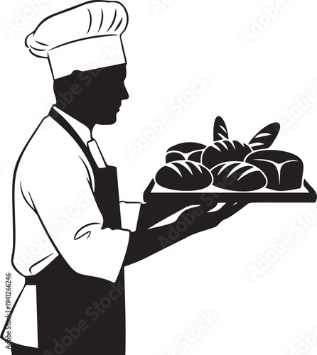 Baker in chef hat holding tray with fresh baked bread pastry silhouette cook preparing food illustration