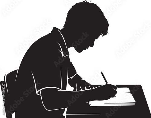 Student writing in notebook silhouette young boy sitting at desk with pen studying illustration