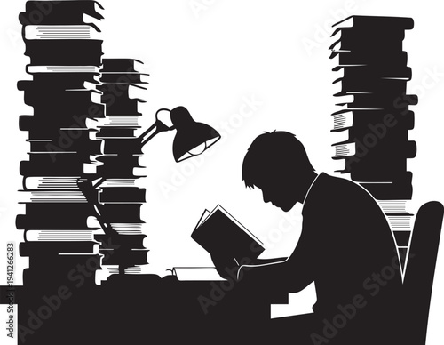 Student reading book in library silhouette surrounded by piles of books and desk lamp illustration