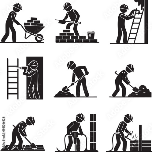 Construction worker icons set showing manual labor tasks like bricklaying welding digging and drilling at industrial site works