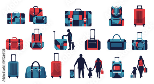 Large collection of colorful travel luggage icons including various suitcases, backpacks, and duffel bags in blue and red styles.