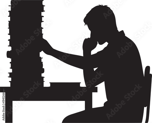 Student silhouette studying at desk with stack of books thinking and preparing for exams learning education concept