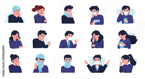 Series of flat character icons showing people suffering from seasonal cold or flu symptoms like coughing, sneezing, and fever.