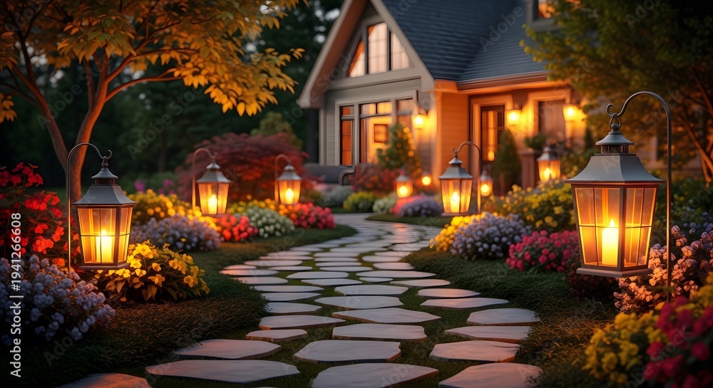 Fototapeta premium A serene and inviting pathway to a warmly lit house at dusk