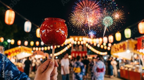 花火とりんご飴の夏祭り幻想風景