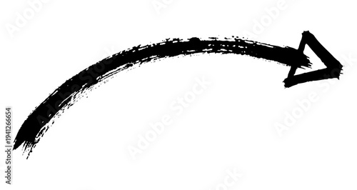 Upward curved black arrow drawn with a wide brush stroke, featuring a visible bristle texture and an outline arrowhead. Vector illustration.