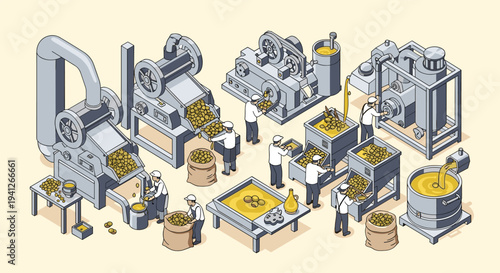 Isometric view of a large industrial food processing factory with workers operating modern machinery for production and packing.