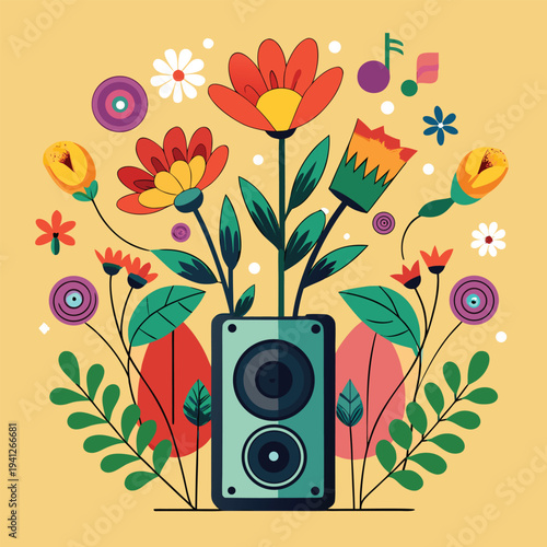Musical speaker with bright flowers and leaves on yellow background