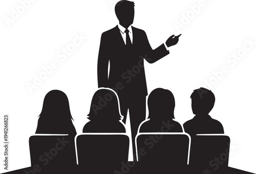 Business man giving presentation silhouette to audience during conference meeting seminar speaker standing in front of group people