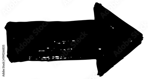 Bold black arrow drawn with a wide brush stroke, featuring a rough texture and jagged edges, pointing to the right on a white background. Vector illustration.