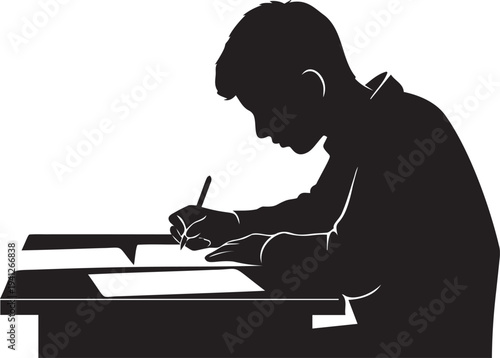Silhouette boy writing at desk. studying hard to pass exam, working on homework, doing school project, or taking test