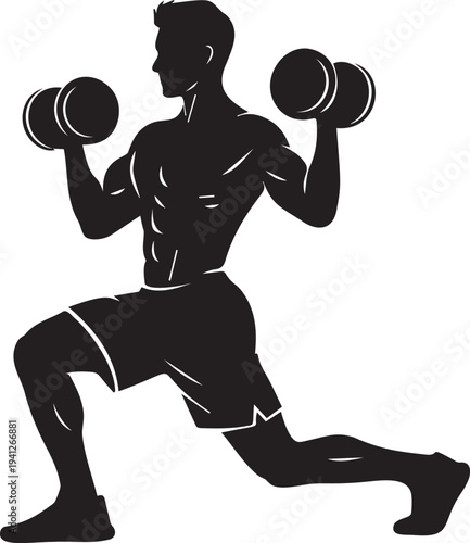 Black silhouette of strong man doing lunges with dumbbells. fitness training, healthy lifestyle, and workout exercise concept