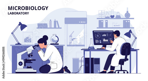 Professional scientists conducting research in a modern microbiology laboratory using a microscope and computer for analysis.