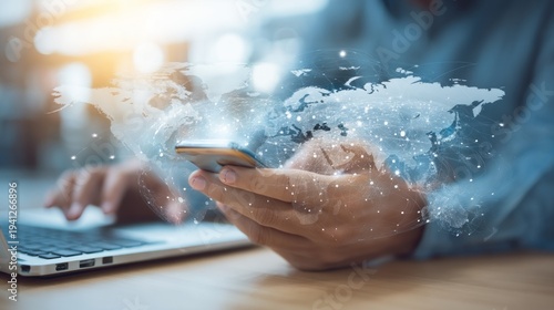 Man using phone with world map overlay