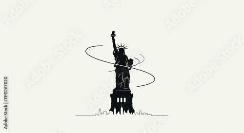 Statue of Liberty Silhouette with Swirling Lines and City Skyline