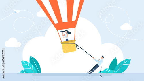 Businessman pulling rope to stop woman in hot air balloon from flying, concept of career obstacles, gender inequality, glass ceiling and female empowerment limitations. Vector illustration.