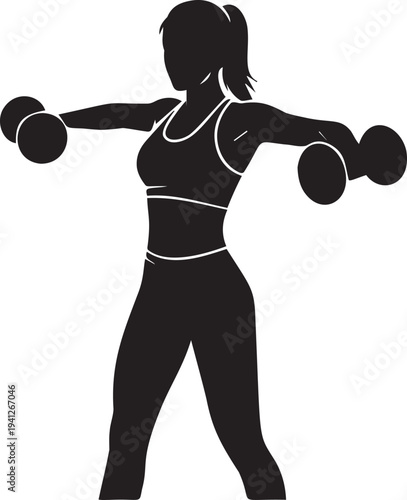 Silhouette of woman exercising with dumbbells lifting weights doing sport with fitness clothes transparent checkered background
