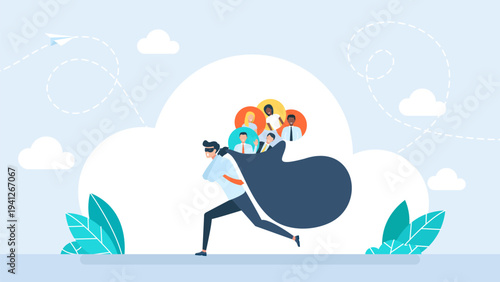 Incognito masked man carrying a large bag with diverse professional people, concept of headhunting, talent theft or poaching and recruitment privacy in flat design. Vector illustration.