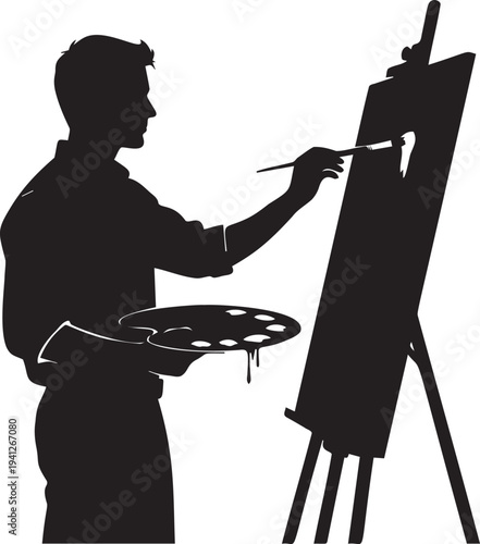 Silhouette of male artist painting on easel holding palette with brush and colors transparent checkered background