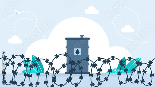 Oil barrel behind barbed wire fence, concept of energy crisis, fuel sanctions, fuel embargo and global resource scarcity in flat minimalist style. Protective secure metal. Vector illustration.