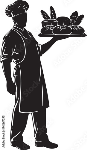 Baker silhouette in apron and hat holding tray of freshly baked bread, profession and food service