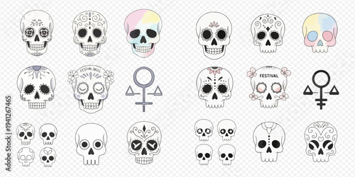 Collection of decorative sugar skulls and female symbols, perfect for Day of the Dead celebrations and feminist themes.