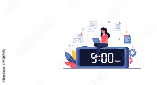 Productivity and time management concept showing a woman working on a laptop while sitting on a giant blue digital alarm clock.