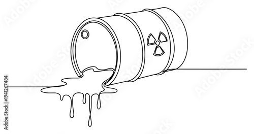 One line drawing of a radioactive barrel with toxic waste leaking on the ground
