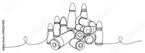 Continuous line drawing of a pile of various gun bullets and ammunition cartridges