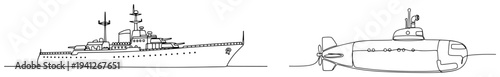 Continuous line drawing of a military warship and a submarine on the water