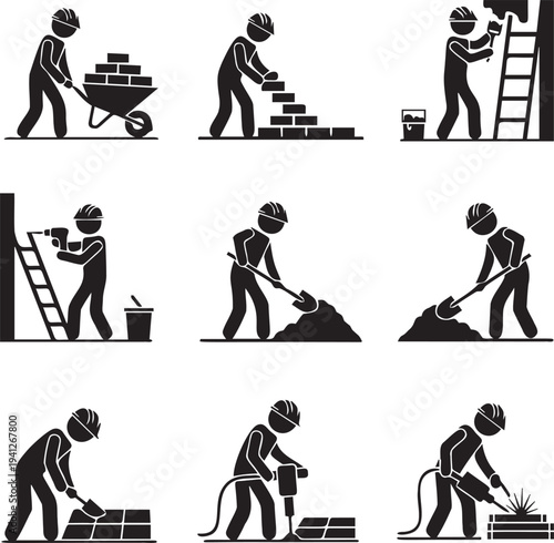 Set of construction worker icons showing various site activities including bricklaying painting shoveling and using jackhammer