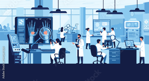 Large busy medical laboratory scene where doctors and scientists utilize high tech equipment for advanced research and testing.