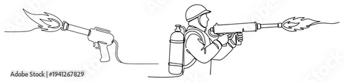 Soldier operating a flamethrower weapon in continuous line drawing style