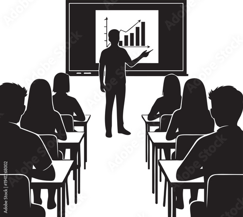 Silhouette of teacher giving presentation in classroom to students, showing charts on screen, education concept