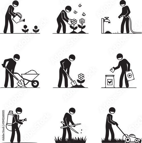 Set of gardening activities silhouette icons, people working in garden, planting, watering, mowing lawn