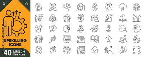 Upskilling line icons set. Skill development, online learning, success, career growth, teamwork, employee training and professional education editable stroke vector collection.
