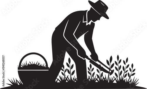 Farmer working in field with basket and tools, agriculture profession, harvesting crops, gardening, cultivating plants, rural lifestyle, healthy produce.