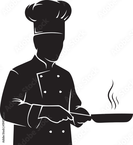 Chef cooking in kitchen with pan and steam, culinary profession, gourmet food preparation, restaurant worker, skilled cook, delicious meal creation.