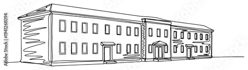 Continuous one line drawing of a long administrative building or military barracks facade