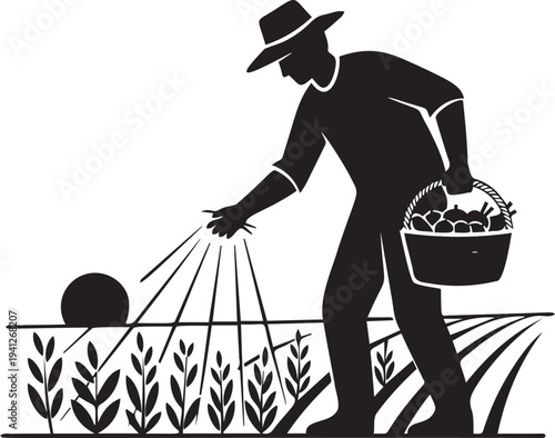 Agricultural worker sowing seeds in farmland silhouette with vegetable basket representing planting season and food production