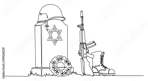 Continuous one line drawing of a Jewish soldier grave with tombstone helmet rifle and boots