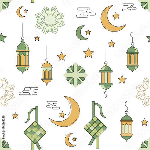 Celebratory lanterns and crescent moons floating amidst stars in a festive pattern
