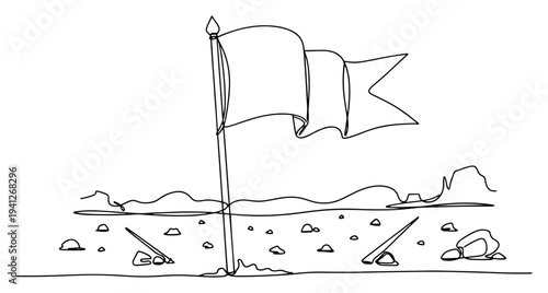 Continuous line drawing of a waving flag on a rocky and debris strewn battlefield