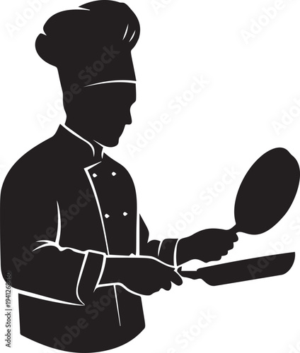 Silhouette chef in uniform with hat cooking with pans, culinary profession concept