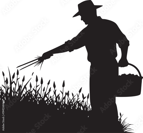 Farmer silhouette with hat sowing seeds in field, harvesting crops with basket, agriculture concept
