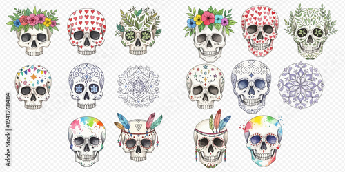 Collection of decorative sugar skulls and mandalas, inspired by Dia de los Muertos, featuring floral, heart, feather, and colorful watercolor designs.