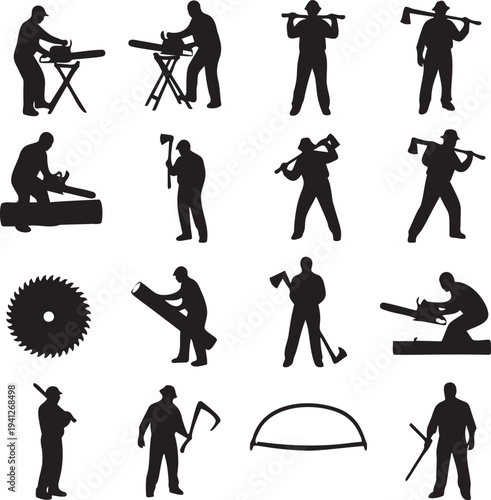 Silhouettes of woodcutters and lumberjacks working with various tools including chainsaws and axes