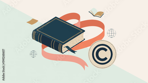 Book with copyright symbol and floating papers on pastel background representing intellectual property and creative writing