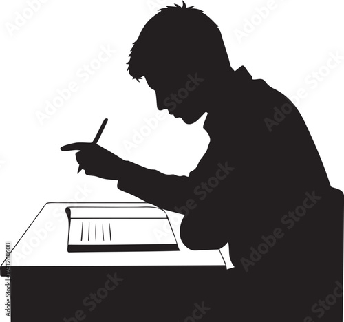 Silhouette of a student diligently studying and writing at a desk, focused on academic work