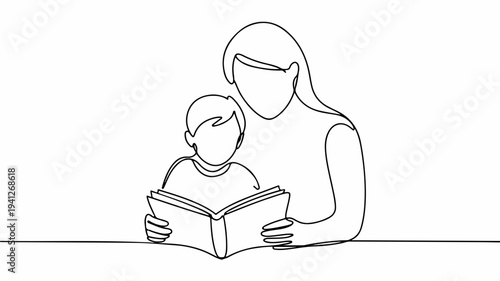 Mother reading book with child family bonding educational learning love care simple line art